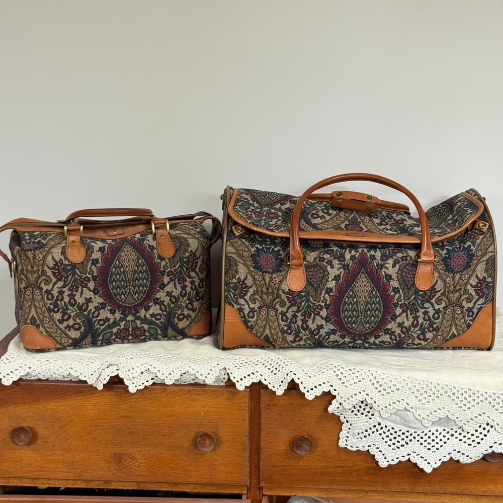 Hartmann Heritage Tapestry Luggage Set Duffel Bag Leather Trim Floral Vintage